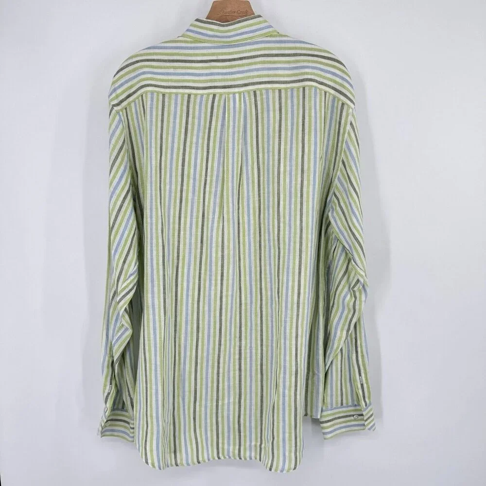 Banana Republic Linen Men's Striped Button Down Shirt Green Blue Size Large